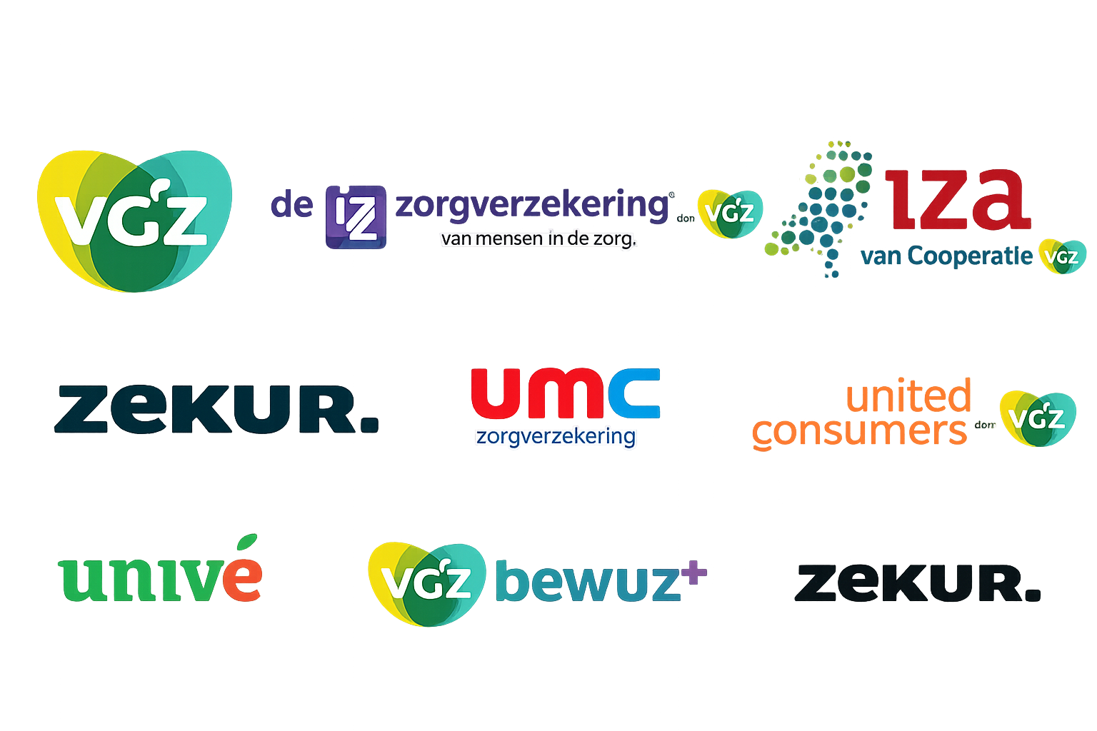 VGZ, IZZ, IZA, Zekur, UMC, United Consumers, Univé, VGZ bewuzt